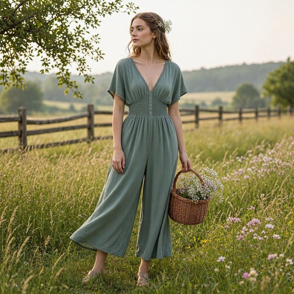 Cottagecore Whimsigoth Boho Bohemian Fairy Grunge Crochet Jumpsuit L Sage Green